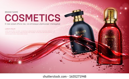 Cosmetics bottles mock up banner. Beauty product package design, red and black pump and spray tubes floating on water splash background. Body care cosmetic ad mockup Realistic 3d vector illustration