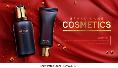 Cosmetics bottles mockup banner. Beauty body care product on red silk draped fabric background with scattered golden pearls. Luxury promo poster template for magazine, realistic 3d vector illustration