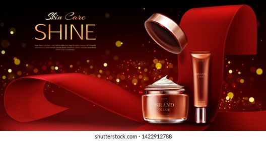 Cosmetics bottles mockup, skin care beauty product line, cream jar and tube on red background with ribbon and gold sparkles, natural cosmetic advertising promo banner. Realistic 3d vector illustration