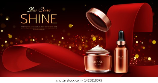 Cosmetics bottles mockup, skin care beauty product line, cream jar and serum pipette tube on red background with ribbon and gold sparkles, natural cosmetic ad banner. Realistic 3d vector illustration