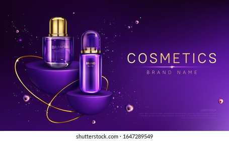 Cosmetics bottles on podium mock up banner, beauty skin care cosmetic tubes on hemisphere shape stages, product ad presentation on showroom platform with gold pearls and copy space Realistic 3d vector