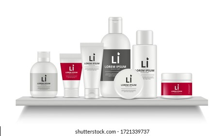 Cosmetics bottles. Realistic beauty packaging on shelves. Isolated shelf in store vector mockup