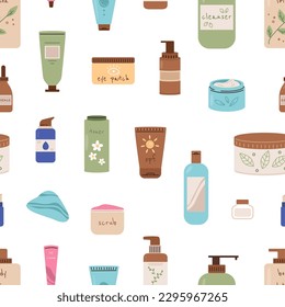 Cosmetics bottles seamless pattern. Lotions, cream, toner. Beauty and cleaning cosmetic, morning evening self care routine vector background