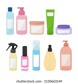 Cosméticos en botellas. Shampoo, lavado facial, pequeño, crema, spray, bálsamo.