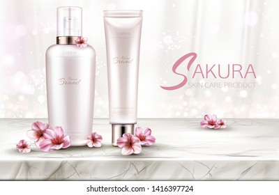 Cosmetics bottles skin care mockup, beauty product line with sakura flowers on marble table top with white silk curtains background. Cosmetic cream, serum tubes packaging design. Realistic 3d vector