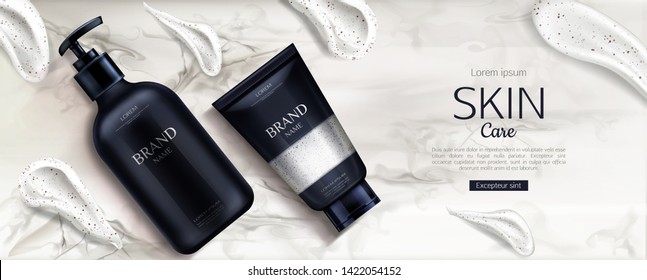 Cosmetics bottles skin care mockup, beauty product line with cream smear brush strokes on marble background. Cosmetic scrub and soap tubes packaging advertising promo design banner Realistic 3d vector