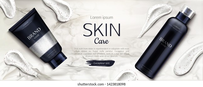 Cosmetics bottles skin care mockup, beauty product line with cream smear brush strokes on marble background. Cosmetic scrub and foam tubes packaging advertising promo design banner Realistic 3d vector