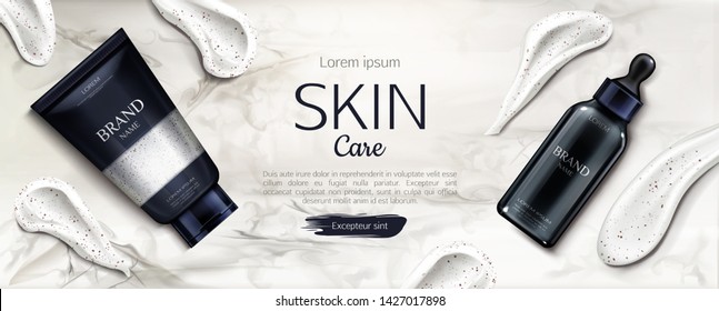 Cosmetics bottles skin care mockup, beauty product line with cream smear brush strokes on marble background. Cosmetic scrub and serum pipette tubes packaging promo ad design banner Realistic 3d vector