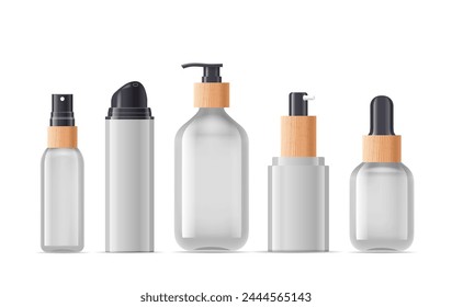 Las botellas de cosméticos están en fila. Maqueta de Vector 3d realista. Contenedores Elegantes Diseñados Para Mantener Productos De Belleza