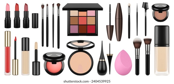 Cosmetics and brushes. Isolated realistic make up tools and products, brushes, toner and mascara. Eye shadow box and lipstick, concealer pithy vector set