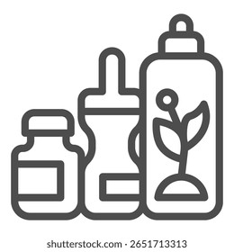 Cosmetics bundle line icon, spa massage concept. Vector graphics. Cream, lotion and flower shampoo with aroma oil, bath sign on white background, outline style icon for mobile or web design