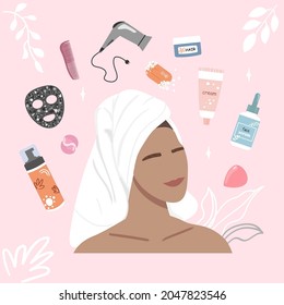 Cosmetics and care products for women. Vector illustration beautiful girl stands with a towel on her head after a bath