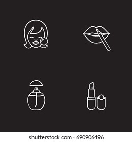 Cosmetics chalk icons set. Woman with makeup sponge, pencil lipstick, perfume, pomade. Isolated vector chalkboard illustrations