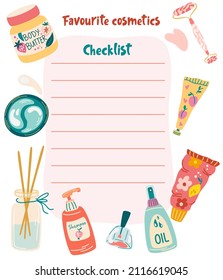 Lista de verificación de cosméticos. Conjunto de belleza y sábanas de maquillaje. Autocuidado de hacer lista, planificador de lista de verificación. Tarjetas de notas semanales o diarias con procedimientos cosméticos diarios. Ilustración de dibujos animados. 