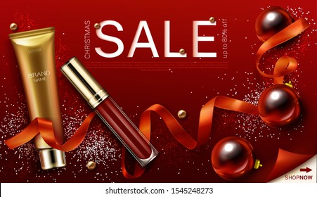 Cosmetics christmas sale banner. Lip gloss and foundation makeup gifts, liquid lipstick make up beauty product. Red and gold cosmetic tubes on shiny xmas decoration background. realistic 3d vector