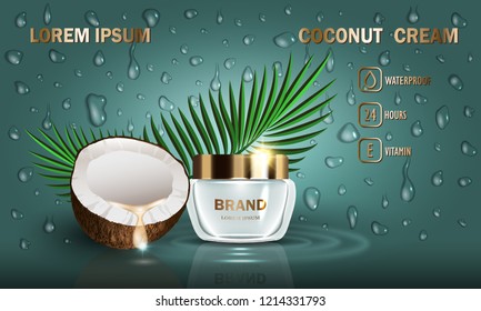 Cosmetics coconut beauty series, premium cream for skin care and set of drops. Template for design poster, placard, presentation, banners, mockup, ads, vector illustration.