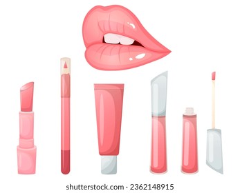 Cosmetics collection for lips makeup in trendy pink color