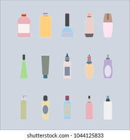 Cosmetics collection packaging, personal care and makeup bottle for beautiful woman in flat design style