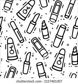 Kosmetische Kollektion nahtloses Muster. Lipsticks im Doodle-Stil. Männerbekleidung, Accessoires für Öko-Mädchen. Vektorhandgezeichnete, flache Illustration einzeln auf Weiß.