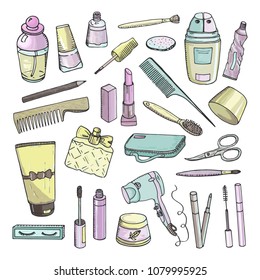 Cosmetics. Collection of vector color sketches on white background