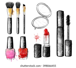  Cosmetics collection. Vector fashion set. Hand drawn graphic lips, eye, heels, mascara, lipstick, nail polish. Sketch vector illustration. 