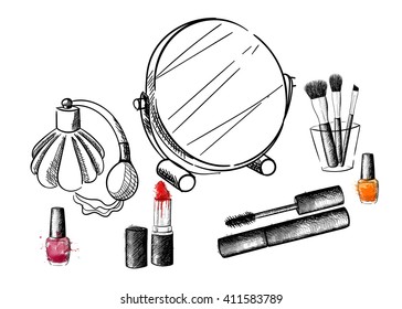 Cosmetics collection. Vector fashion set. Hand drawn graphic lips, eye, heels, mascara, lipstick, nail polish. Sketch vector illustration.