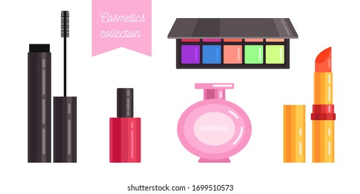 Cosmetics collections in flat design. Make-up equipment. Lipstick, mascara, perfume, eyeshadow, nail polish. Clip art.