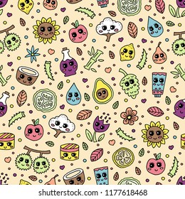 Cosmetics components colorful seamless pattern. Organic natural elements. Vector illustration.
