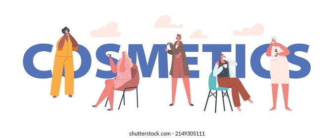 Cosmetics Concept. Female Characters Applying Beauty Procedures, Women with Facial Mask, Eye Pads and Cream Jars. Face Skin Care and Treatment Banner, Poster, Flyer. Cartoon People Vector Illustration