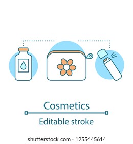 Cosmetics concept icon. Makeup products idea thin line illustration. Cosmetic bag with face care products. Skincare. Vector isolated outline drawing. Editable stroke
