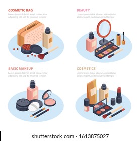 Cosmetics concept icons set with beauty and makeup symbols isometric isolated vector illustration