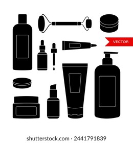 Cosmetics containers bottles vector black silhouette icons set collection isolated on white background.