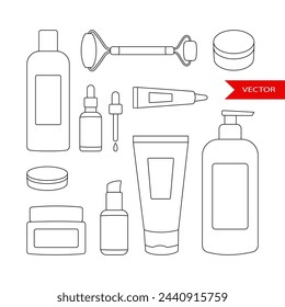 Cosmetics containers bottles vector linear icons set collection isolated on white background. Various skincare items.