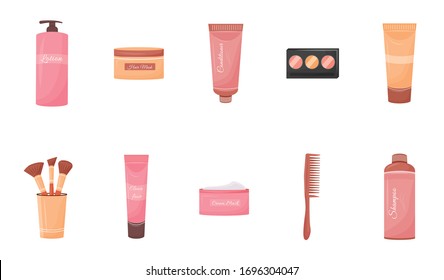 Cosmetics containers flat color vector objects set. Hair shampoo and conditioner. Face lotion and cream. Beauty products tubes and bottles 2D isolated cartoon illustrations on white background