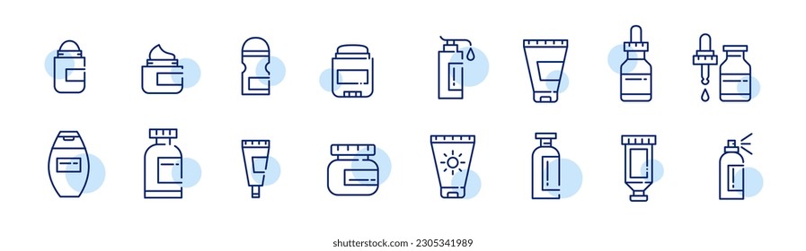 Cosmetics containers icons set. Bottles, cream tubes, spray and drops. Pixel perfect, editable stroke icons set