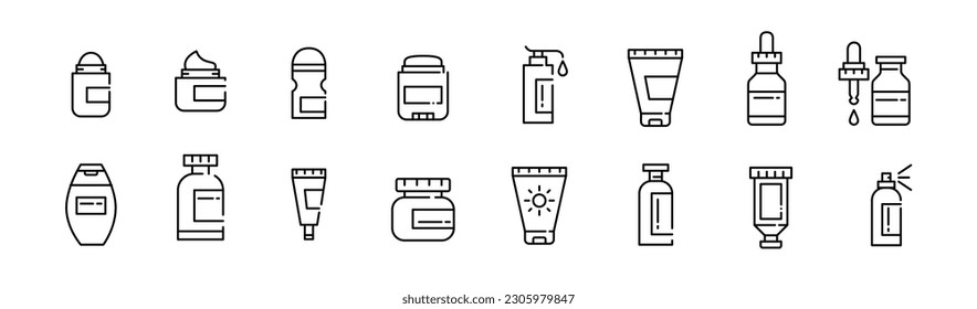 Cosmetics containers icons set. Bottles, cream tubes, spray and drops. Pixel perfect, editable stroke icons