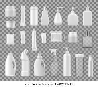 Cosmetics containers, realistic plastic bottles 3d packages. Vector blank mockup of cream jar, toilet or bath cleanser, soap dispenser or perfume atomizer, lotion tube and shampoo bottle. Mixed media