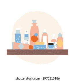 Cosmetics containers shelf in the bathroom. Skincare products packaging: shampoo, cleanser, serum, facial cream. Flat cartoon concept of daily beauty routine. 