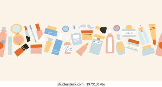 Cosmetics containers and tubes for make up seamless border. Skin care products in cute hand drawn textured packages. Organic eco beauty products.