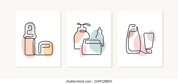 Cosmetics continuous line posters. Beauty products pastel coloured illustrations.