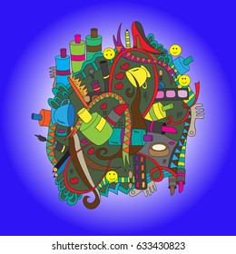 Cosmetics in a convoluted pattern. Shadows, lipstick and nail polish. Emoticons and hearts. Bright, cartoon illustration. Freehand sketch.