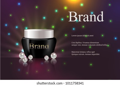 Cosmetics, cream for the face black on a dark background with lights. Advertisement, catalog, banner, 3d realistic