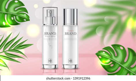 Cosmetics cream moisturizer hydration Vector realistic. Product packaging mockup. Detailed white bottles with label design. 3d template illustrations