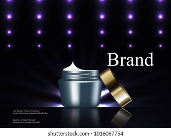 Cosmetics, cream on a dark background with bright lights, luxury, advertising, catalog, poster, 3d vector realistic