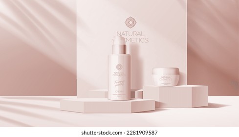 Kosmetikcreme oder Shampoo rühren auf beigem Podium. Verpackung für Hautpflegemittel mit Promo-Display-Podium, luxuriöse Kosmetikverpackung auf dem Sockel oder Podium realistisches Modell mit 3D-Vektorhintergrund