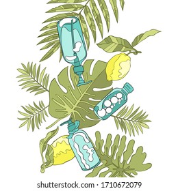Cosmetics: cream, tonic, cosmetic masks. Botany: plants, branches and leaves. Isolated vector objects on a white background. Art.