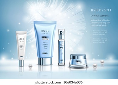 Cosmetics creams and essence, ad composition on blue blurred background with white feather, pearls, sparkles vector illustration