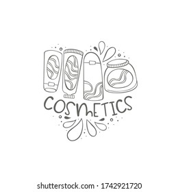 Cosmetics. Cosmetics. Creams and mask face.  Lettering. Isolated vector object on white background.