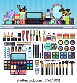 Cosmetics. Decorative cosmetics on the table in the table in the beauty store. Beauty and make up concept. Lipsticks, palette of eyeshadow, perfume, brushes isolated on white. Thin line flat design