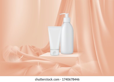cosmetics design advertisement on beige fabric background